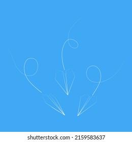 Set of vector illustrations of paper plane icons. Outline simple craft paper airplane isolated on blue background. Icon symbol of travel and route.