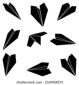 Set of vector illustrations of paper plane icons. Silhouette simple craft paper airplane isolated on white background. Icon symbol of travel and route.