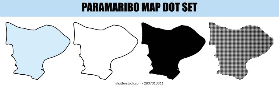 A set of vector illustrations of Paramaribo city in different styles, including filled, outline, solid, and dot patterns.