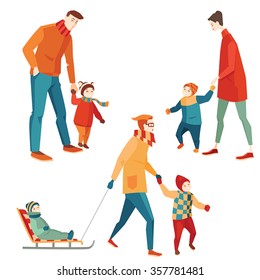 set of vector illustrations of parents and children for a walk in the winter , cartoon style