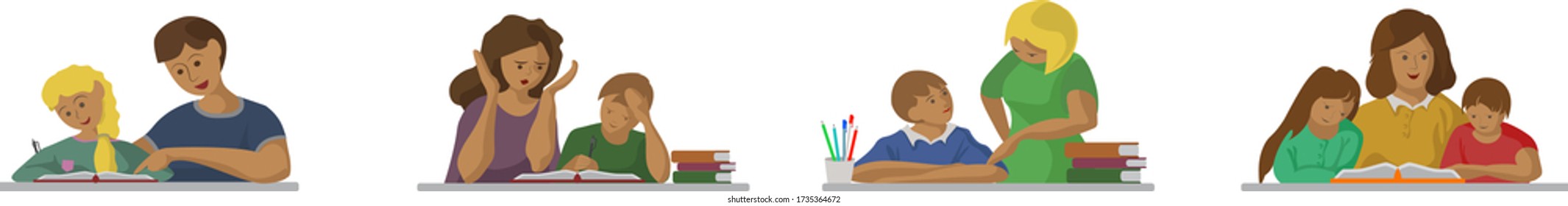 Set of vector illustrations, parents help children do homework, read a book with their son and daughter.