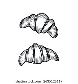 Set of vector illustrations, pastries, French croissants hand drawn in vector. Vector illustration. Suitable for printing on product packaging, pastries, for bakery design.