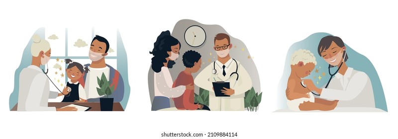 
Set of vector illustrations pediatrician. Mom and dad with children at the reception at the pediatrician or cardiologist in the doctor's office. The doctor listens to breathing with a stethoscope.