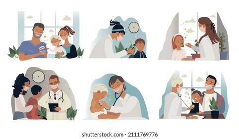 Set Of Vector Illustrations Pediatrician. Mom And Dad With Children At The Reception At The Pediatrician, Cardiologist, ENT Doctor, Dentist In The Doctor's Office.Cartoon, Isolated On White Background