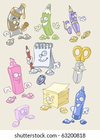 Set of vector illustrations of pens, pencils, notebooks