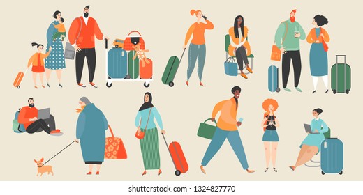 Set of vector illustrations of people at the airport or train station. Illustration in cartoon style.