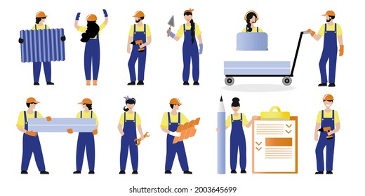 Set of vector illustrations of people builders. Construction workers and related positions. People in uniform with items for construction