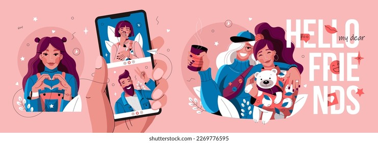 A set of vector illustrations with people. Communication of people, friendship, meetings via video link. Image for websites, apps and social networks.