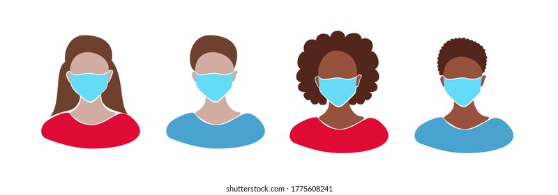 Set of vector illustrations with people of different races in medical masks. Design for print and web.