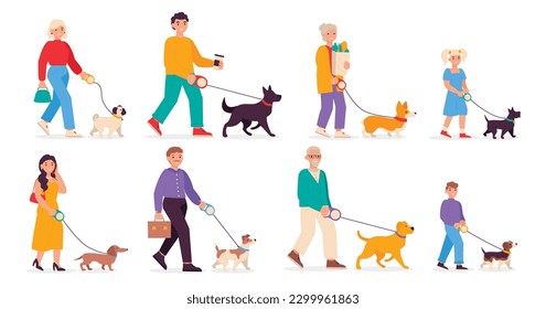 Set of vector illustrations with people of different ages walking their dogs of different breeds.