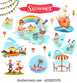 The set of vector illustrations of the people doing summer leisure activities. 