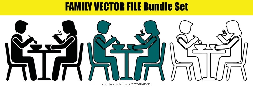 A set of vector illustrations of people eating at tables in different colors