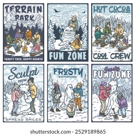 Set of vector illustrations with people enjoying winter holidays making a snowman, drinking hot chocolate near bonfire and having fun with snow