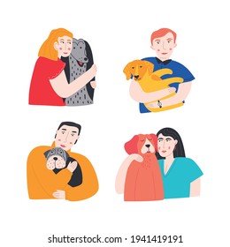 Set of vector illustrations with people hugging dogs. Owners and their pets in flat style