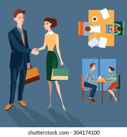 Set of vector illustrations with people on a business meeting, flat style