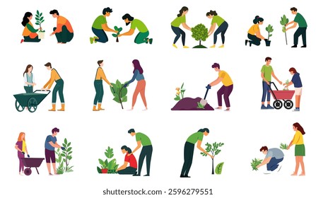 Set of vector illustrations people planting trees, gardening, a young man, woman, and family doing community work for the environment together in a flat style design