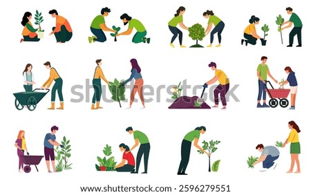 Set of vector illustrations people planting trees, gardening, a young man, woman, and family doing community work for the environment together in a flat style design