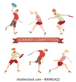 Set of vector illustrations of people playing flying disc