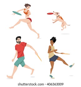 Set of vector illustrations of people playing flying disc. In cartoon style