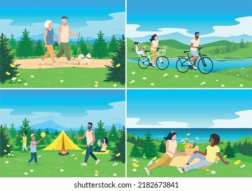 Set of vector illustrations of people resting in nature. Picnic with friends, seniors walk the dog, ride bikes, family camping.