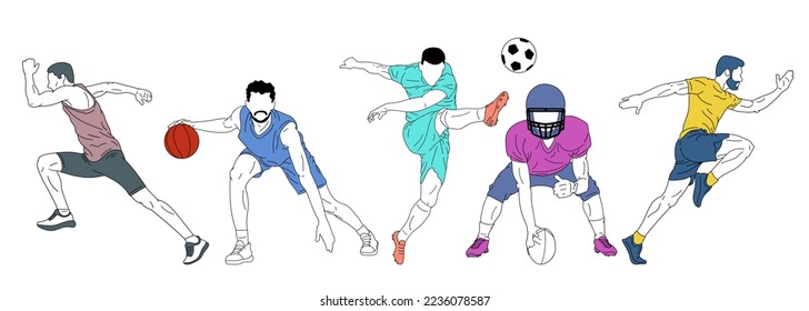 Set of vector illustrations. People, sportsmen training over white background. Basketball, football, soccer and running athletes. Concept of sport, team game, success, competition, action, motion