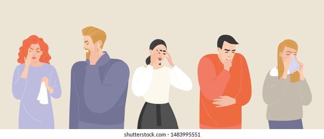 Set of vector illustrations of people suffering from various symptoms of the common cold and flu. Characters with headache and ear pain, runny nose and cough are isolated on a light background