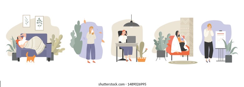 Set of vector illustrations of people suffering from a cold in different situations at work and at home. Images in flat style for banner design.