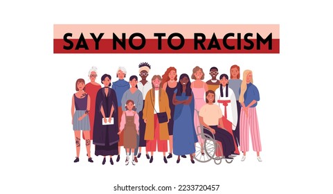 set of vector illustrations of people with text, top view. perfect for backgrounds, social media, and support for the say no to racist movement