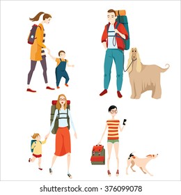 Set of vector illustrations of people traveling  traveling with children and pets in cartoon style