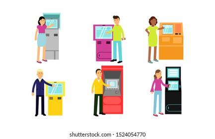 Set Of Vector Illustrations With People Using Kinds Of Automatic Teller Machines