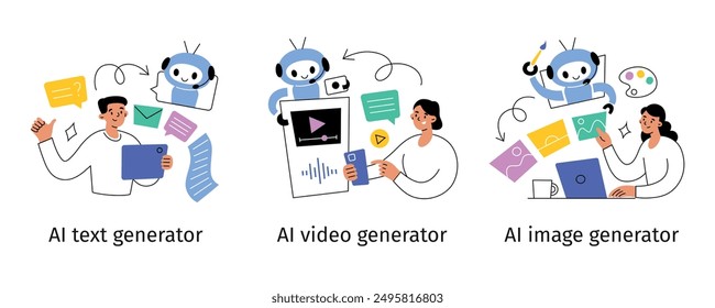 Set of vector illustrations with people using generative artificial intelligence tools. AI text generator, generating video with robot, computer making images. Flat cartoon style, human interaction