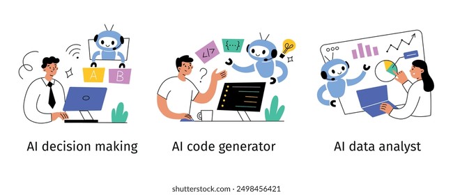 Set of vector illustrations with people using AI in business decision making, artificial intelligence code generator, data analyst tools. Flat cartoon human interaction with artificial intelligence