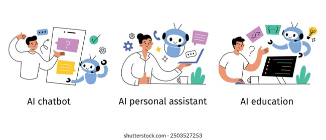 Set of vector illustrations with people using AI chatbot, personal assistant, and artificial intelligence education tools. Flat cartoon style, human interaction with robotics technology, innovations