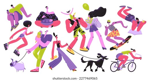 Conjunto de ilustraciones vectoriales de personas que usan ropa de verano, divertirse, jugar deportes y caminar perros. Caracteres de caricatura aislados en fondo blanco