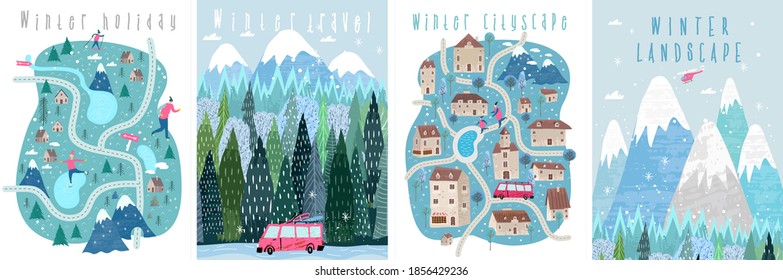 Set of vector illustrations. People in the winter in a hand-drawn Scandinavian style. Winter backgrounds, winter landscape, mountains, forests, ski resort, hotel and vacations.