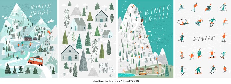 Conjunto de ilustraciones vectoriales. Gente en invierno con un estilo escandinavo dibujado a mano. Fondo invernal, paisaje invernal, montañas, bosques, estación de esquí, hotel y vacaciones.