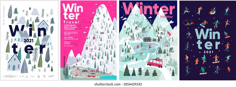 Set of vector illustrations. People in the winter in a hand-drawn Scandinavian style. Winter backgrounds, winter landscape, mountains, forests, ski resort, hotel and vacations.