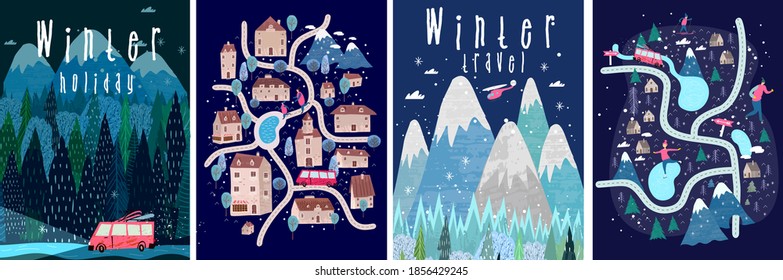 Set of vector illustrations. People in the winter in a hand-drawn Scandinavian style. Winter backgrounds, winter landscape, mountains, forests, ski resort, hotel and vacations.