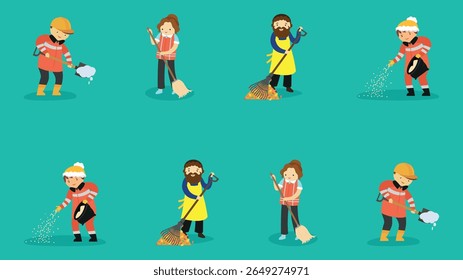 Set of vector illustrations of people in winter clothes and hats cleaning.
