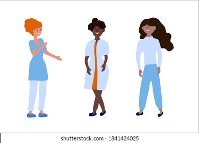 Set of vector illustrations of people-multiracial women. Feminist concept of a woman with a different skin color. Cartoon collection of reusable female characters in full growth. Vector illustration