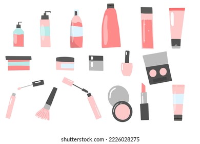 Conjunto de ilustraciones vectoriales de cuidados personales y productos de maquillaje. Cuidado del pelo y la cara. Cosméticos clípart.
