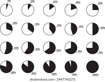 Satz von Vektorillustrationen von Tortendiagrammen in verschiedenen Proportionen