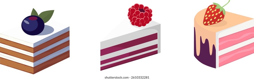 Set of vector illustrations. Pieces of cake decorated with berries: blueberries, raspberries and strawberries. Isolated on white background