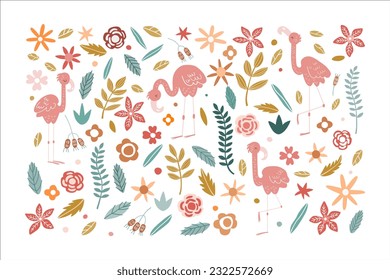 Satz von Vektorgrafiken. Rosa Flamingos, Blumen, Pflanzen, Blätter. Diese Kollektion eignet sich hervorragend für die Erstellung von Buchumschlägen und Notizblöcken, Kunstdrucken, Postkarten, Aufklebern, Plakaten, Collagen und Branding.