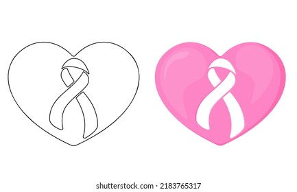 Set of vector illustrations Pink heart with ribbon isolated on white background in casual style