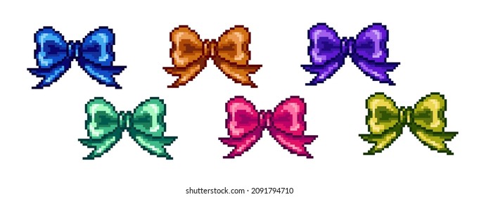Set of vector illustrations: pixel bows different colors. Retro game 8 bit art style collection. Fashion accessory, decoration