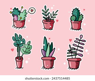 Set of vector illustrations of plants in a pot. Cartoon flat various indoor decorative houseplants in pots for home. Green garden flower collection icons. Vector illustration