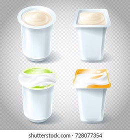 A set of vector illustrations of plastic cups for packaging, storing, selling yogurt. Template, element for design.