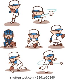 Set of vector illustrations playing baseball - pitcher, catcher, fielder