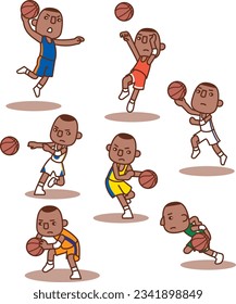 Juego de ilustraciones vectoriales jugando al baloncesto